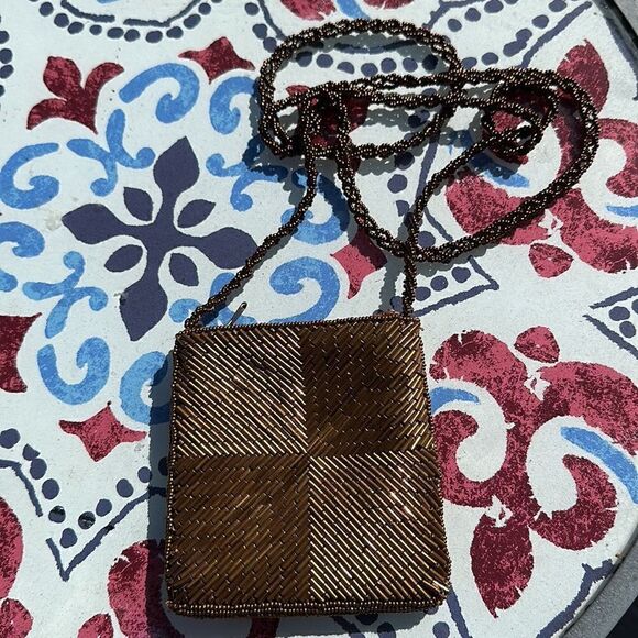 Vintage 80's Bronze Tone Beaded Evening Bag 21" Strap - Picture 14 of 17
